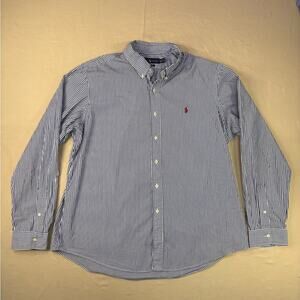 Ralph Lauren Men's Custom Fit Navy and White Striped Button Down Shirt Size XXL